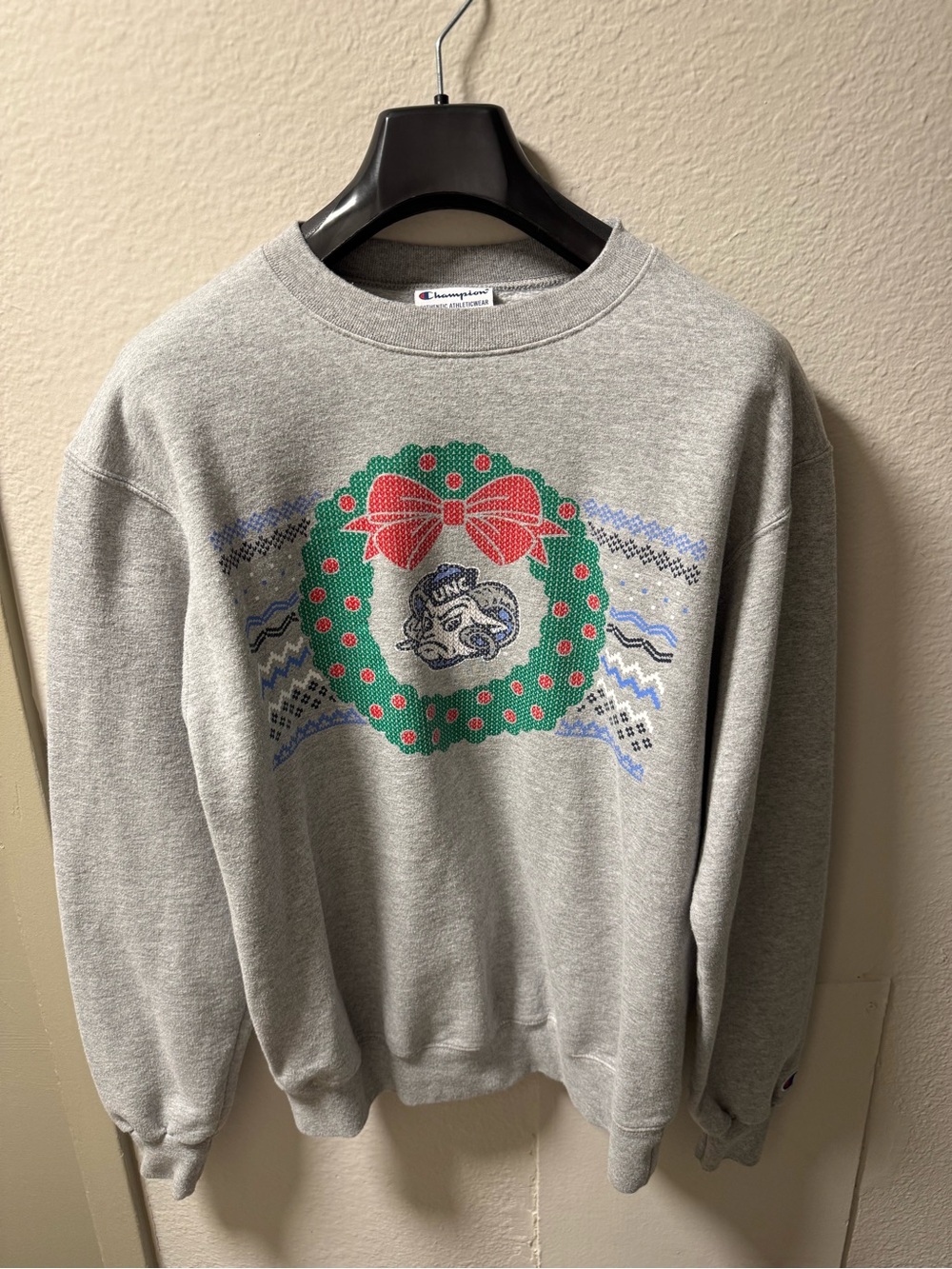 Champion Gray Crewneck Sweatshirt with Green Holiday Wreath and Red Bow